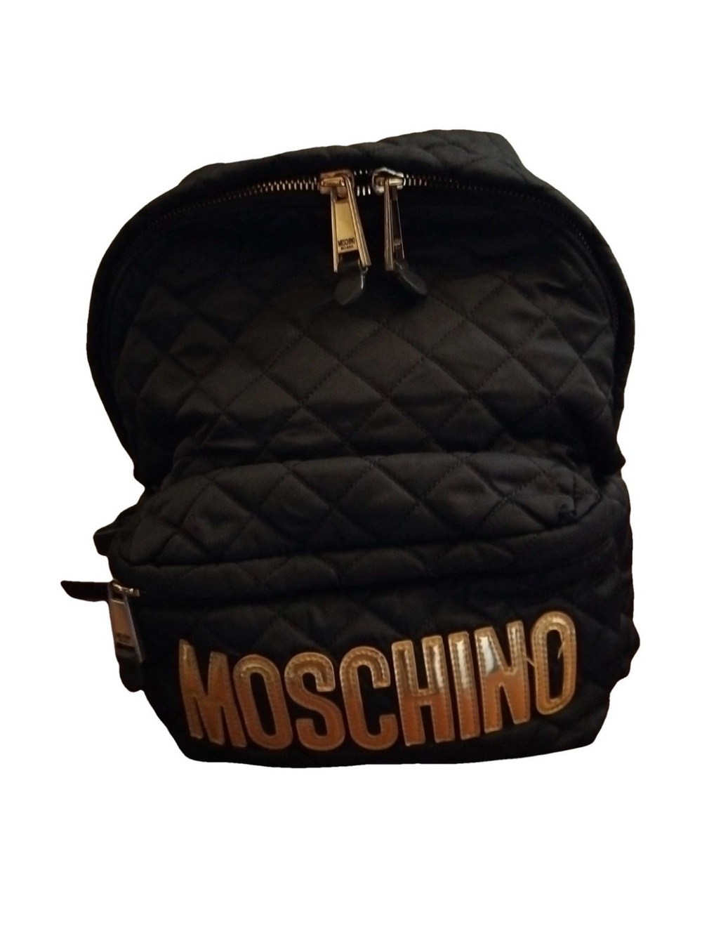 Moschino Black Quilted Mini Backpack with Gold Logo Patch